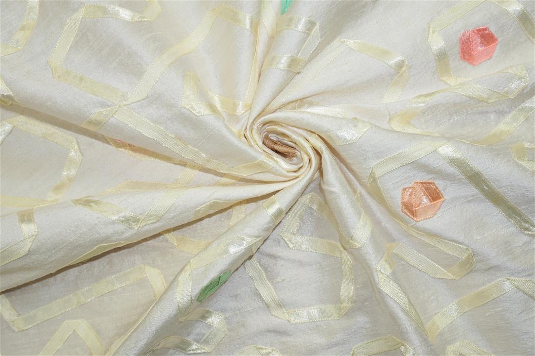 Off White Embroidered Silk Dupion Bridal Dressmaking Costume Fabrics