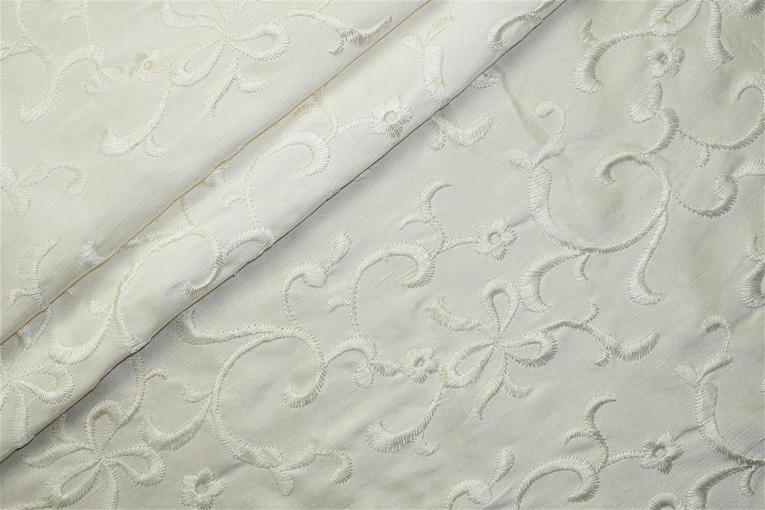 Off White Embroidered Silk Dupion Bridal Dressmaking Costume Fabrics