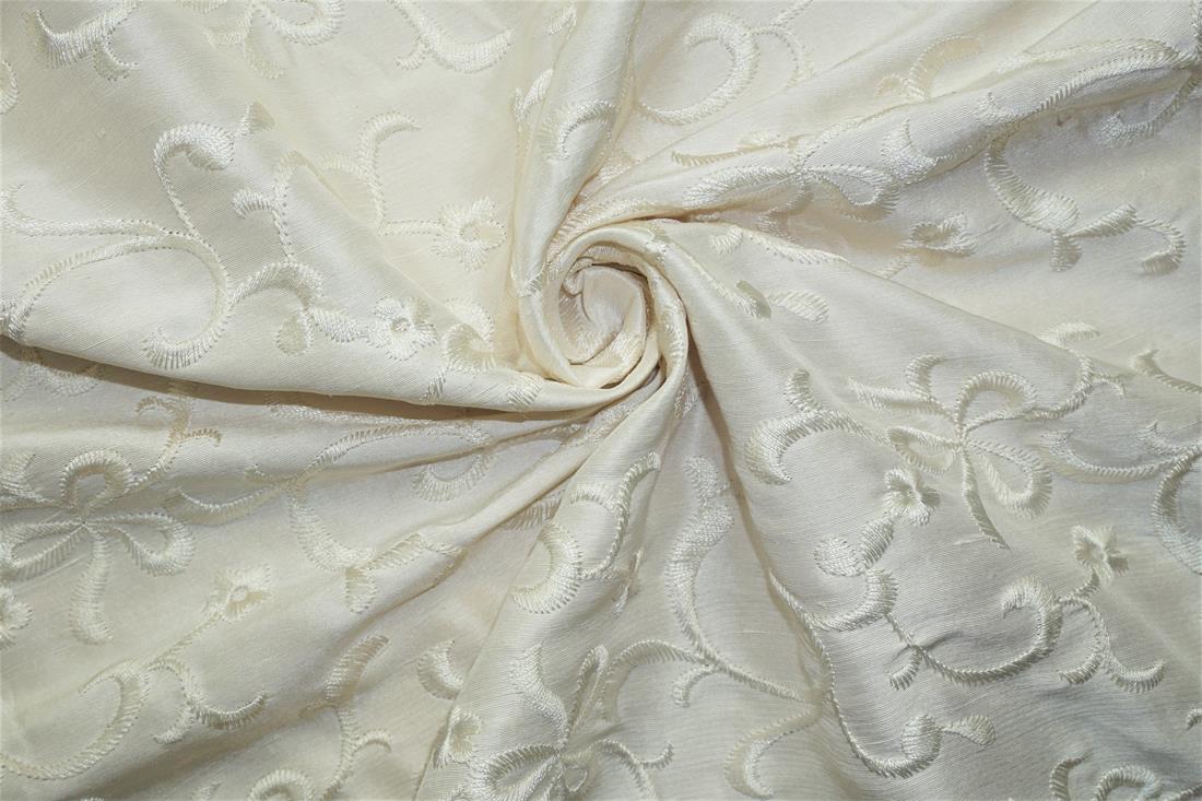 Off White Embroidered Silk Dupion Bridal Dressmaking Costume Fabrics