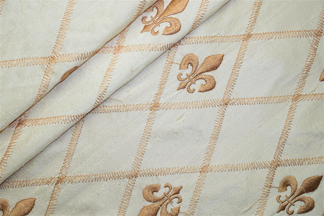 Off White Embroidered Silk Dupion Bridal Dressmaking Costume Fabrics