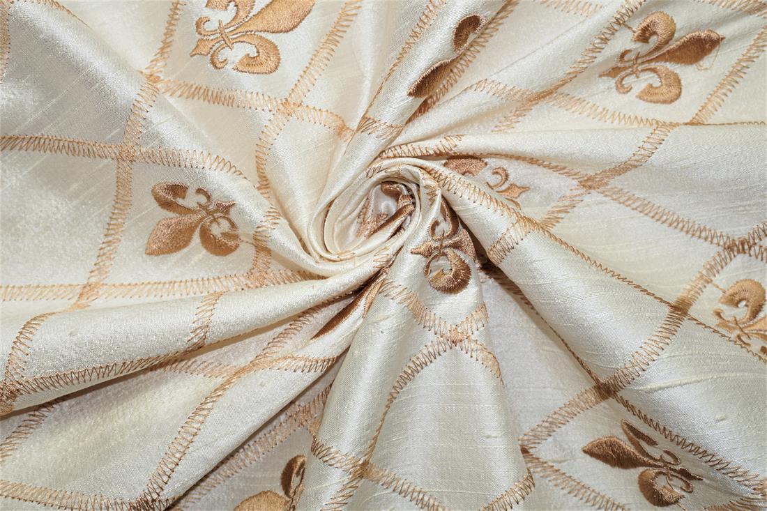 Off White Embroidered Silk Dupion Bridal Dressmaking Costume Fabrics