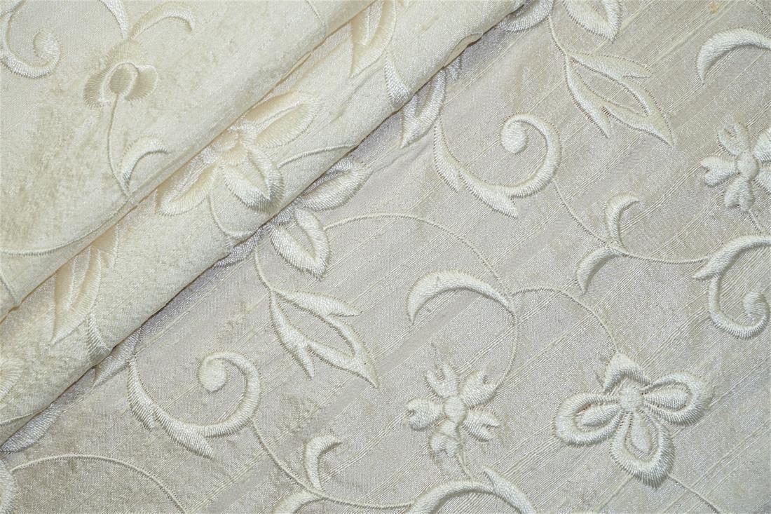 Off White Embroidered Silk Dupion Bridal Dressmaking Costume Fabrics