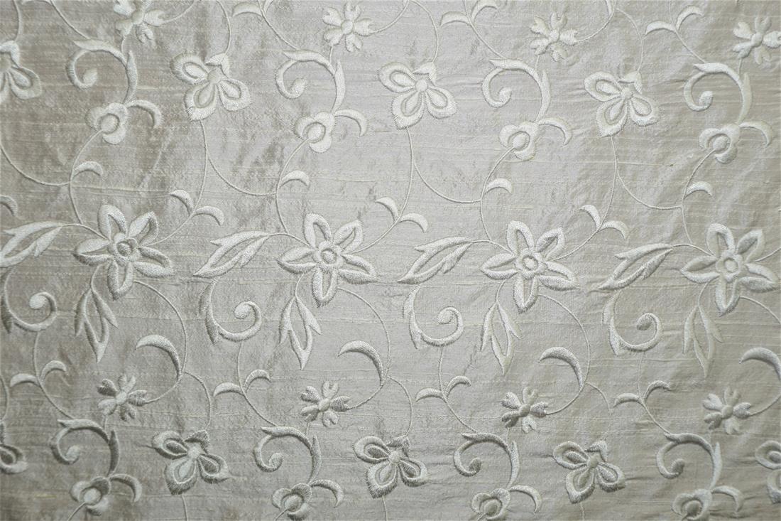 Off White Embroidered Silk Dupion Bridal Dressmaking Costume Fabrics