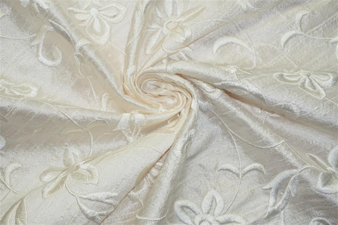 Off White Embroidered Silk Dupion Bridal Dressmaking Costume Fabrics