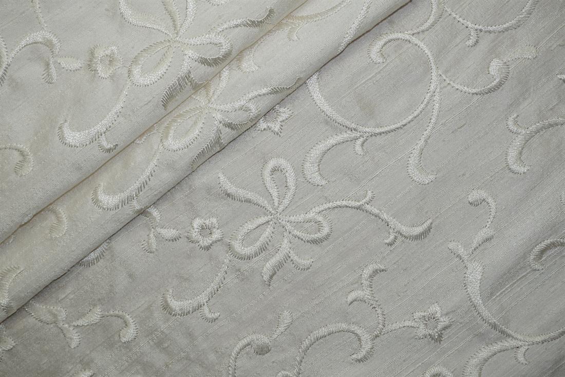Off White Embroidered Silk Dupion Bridal Dressmaking Costume Fabrics