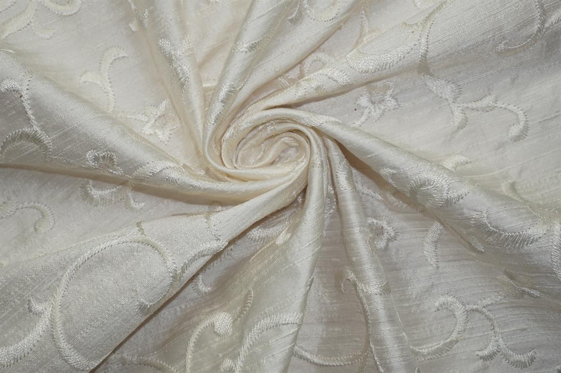 Off White Embroidered Silk Dupion Bridal Dressmaking Costume Fabrics