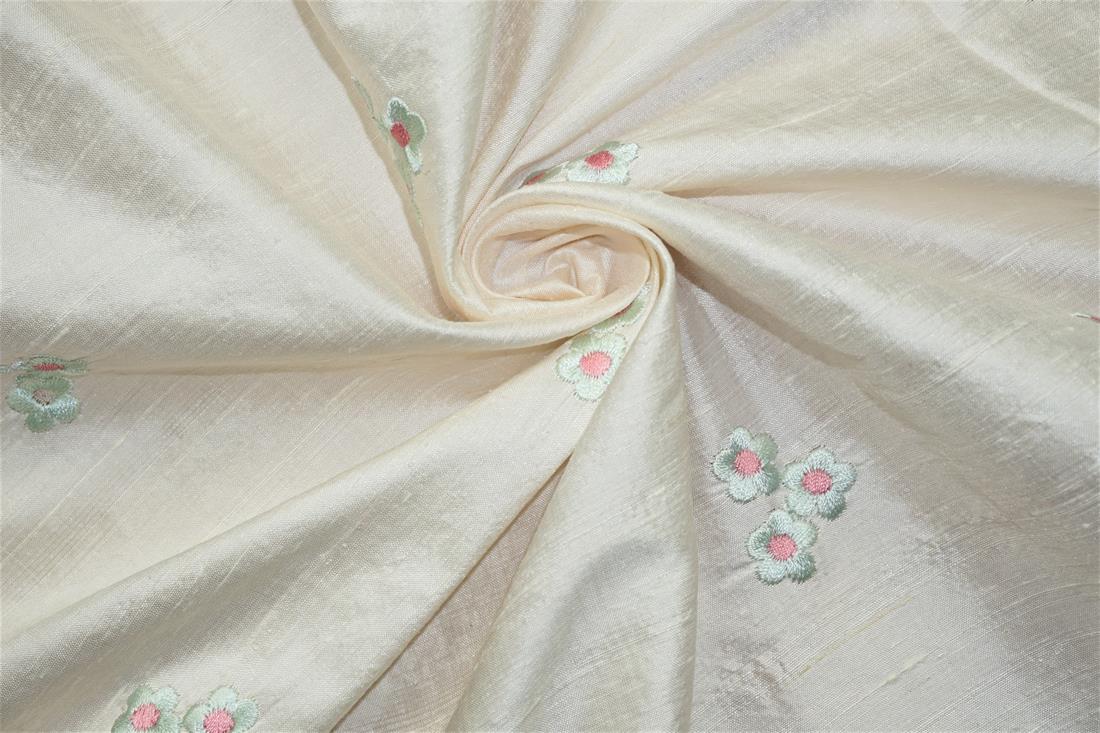 Off White Embroidered Silk Dupion Bridal Dressmaking Costume Fabrics