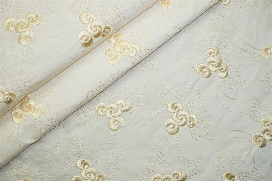 Off White Embroidered Silk Dupion Bridal Dressmaking Costume Fabrics