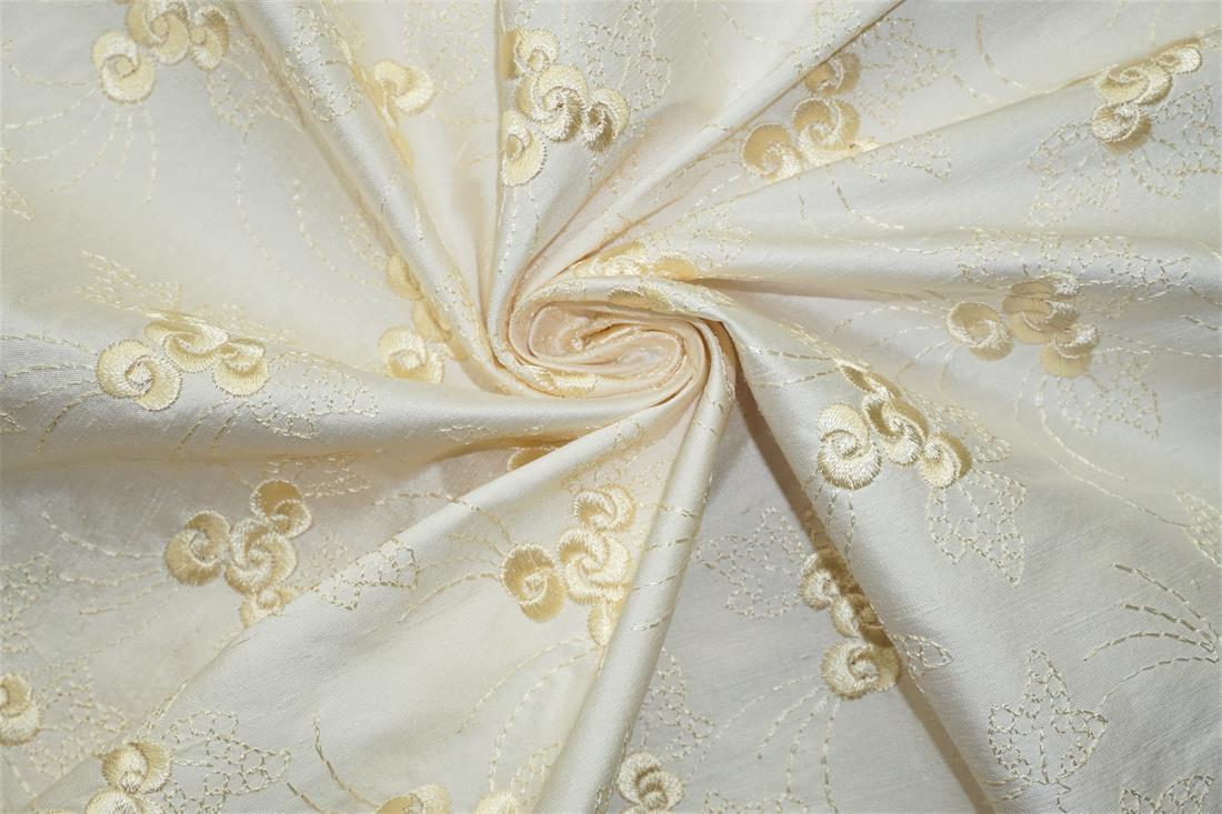 Off White Embroidered Silk Dupion Bridal Dressmaking Costume Fabrics