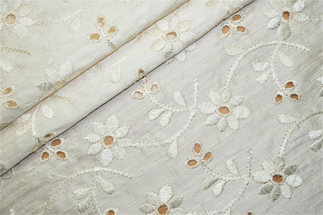 Off White Embroidered Silk Dupion Bridal Dressmaking Costume Fabrics