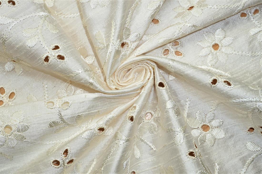 Off White Embroidered Silk Dupion Bridal Dressmaking Costume Fabrics