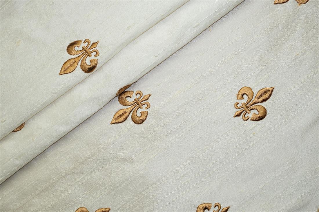 Off White Embroidered Silk Dupion Bridal Dressmaking Costume Fabrics
