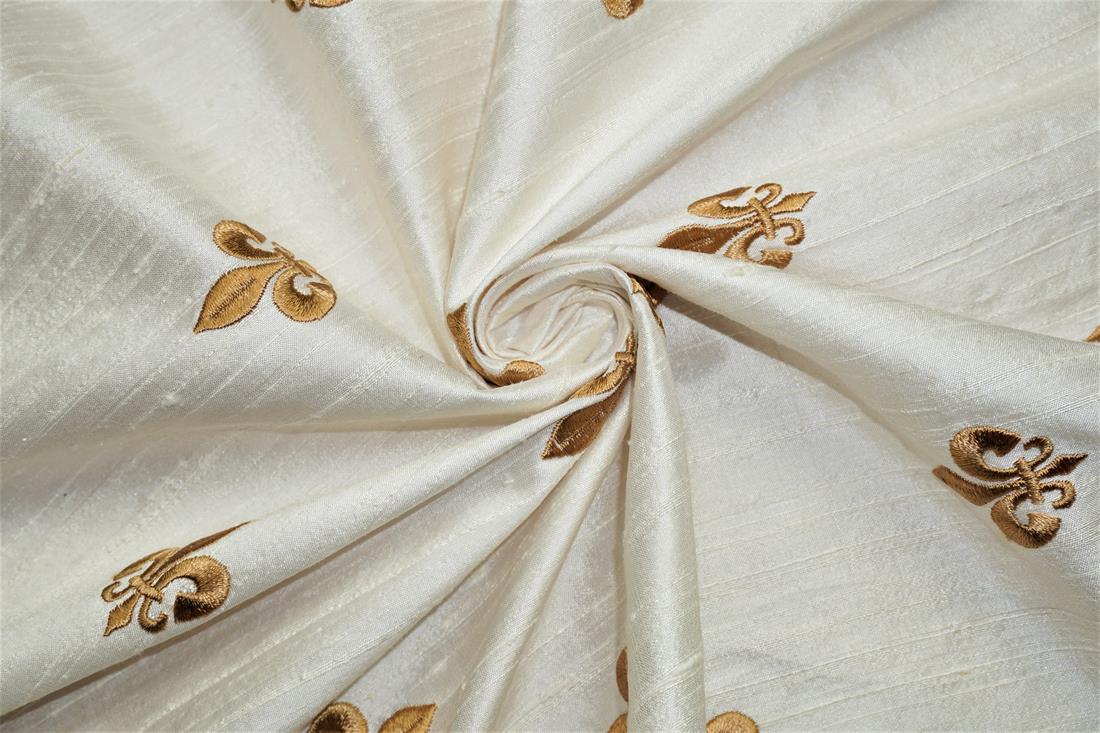 Off White Embroidered Silk Dupion Bridal Dressmaking Costume Fabrics