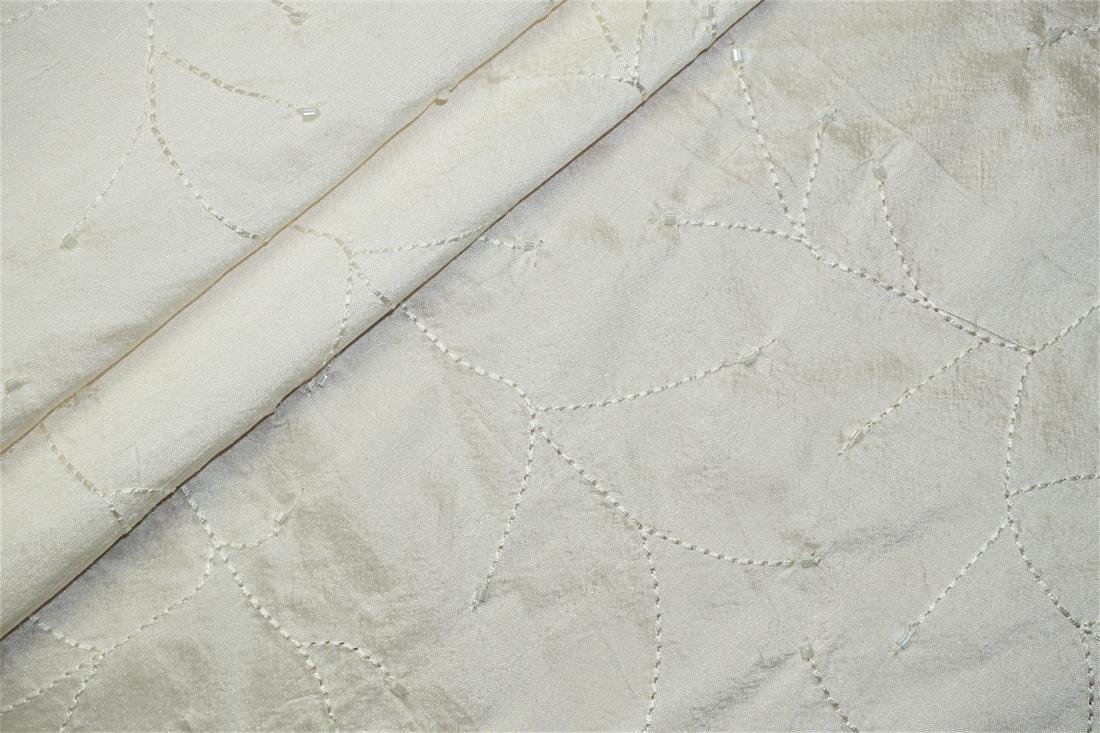 Off White Embroidered Silk Dupion Bridal Dressmaking Costume Fabrics