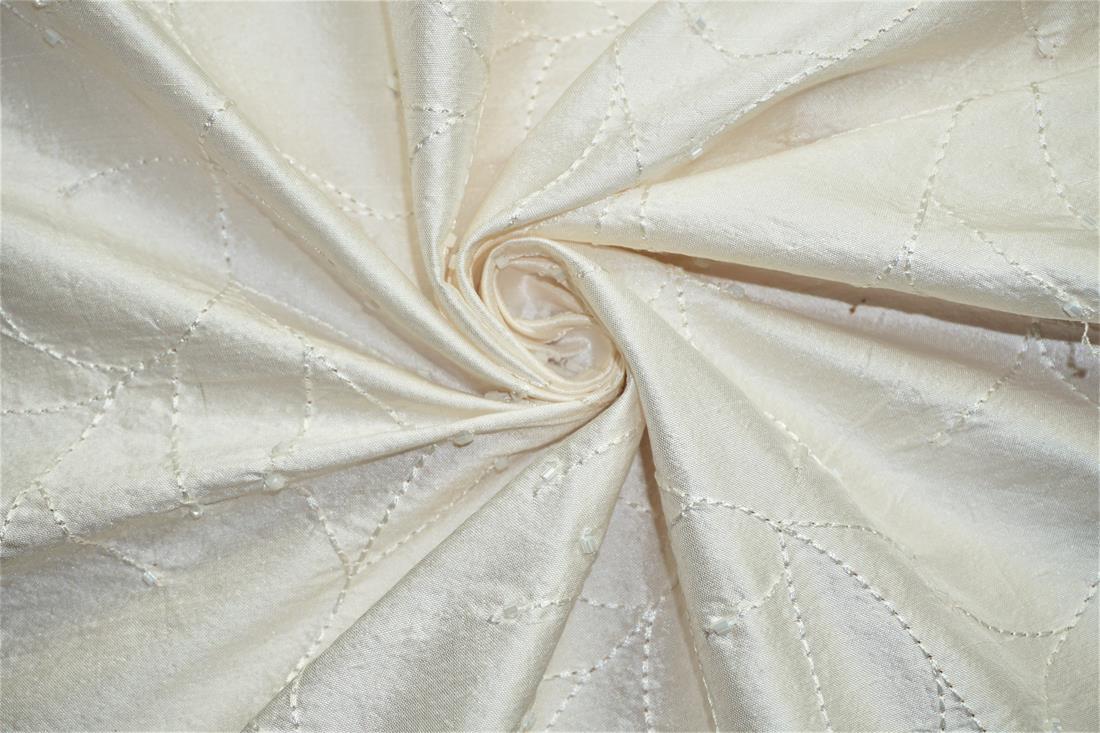 Off White Embroidered Silk Dupion Bridal Dressmaking Costume Fabrics