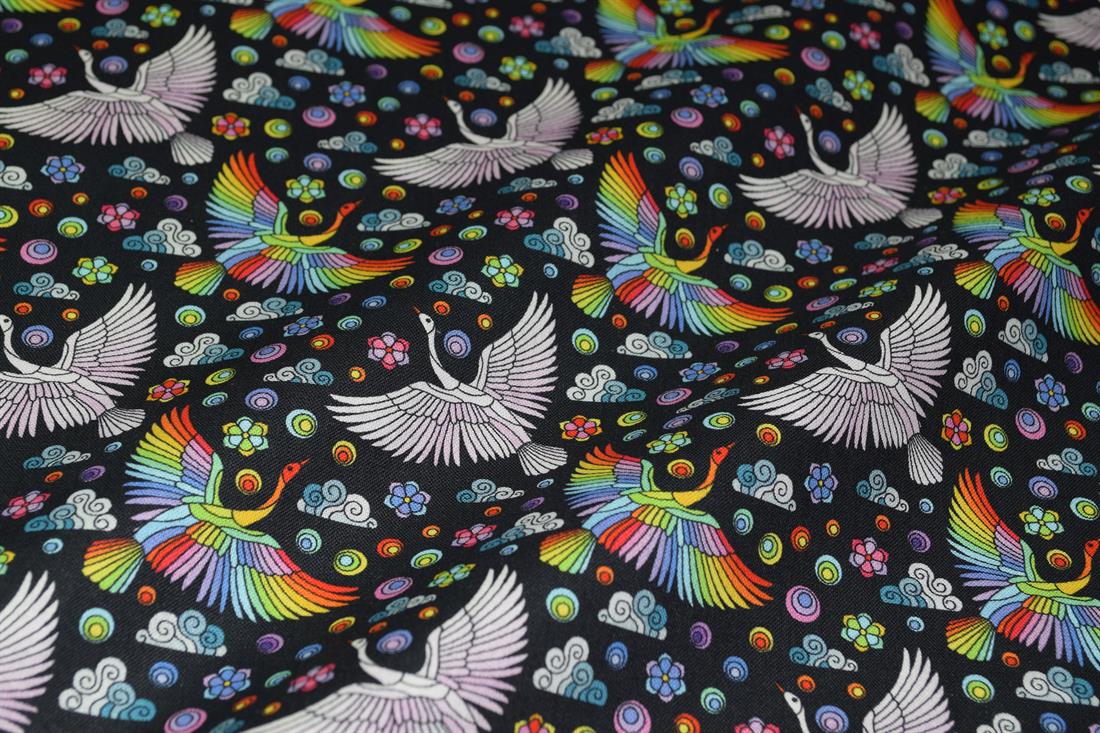 Black & Mixed Colours Printed Cotton Pelican Bird Flying