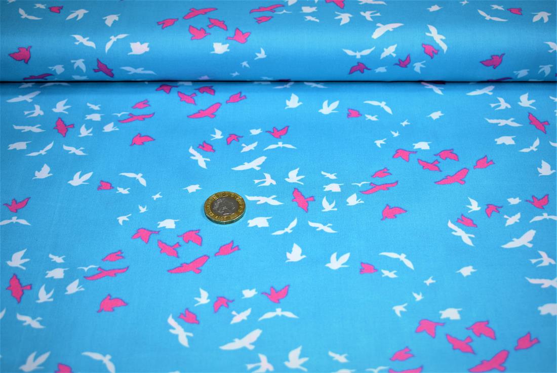Turquoise Flying Birds Cotton