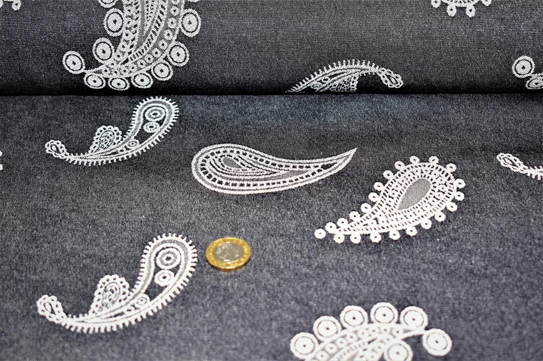 Black Cotton Paisley Print Denim