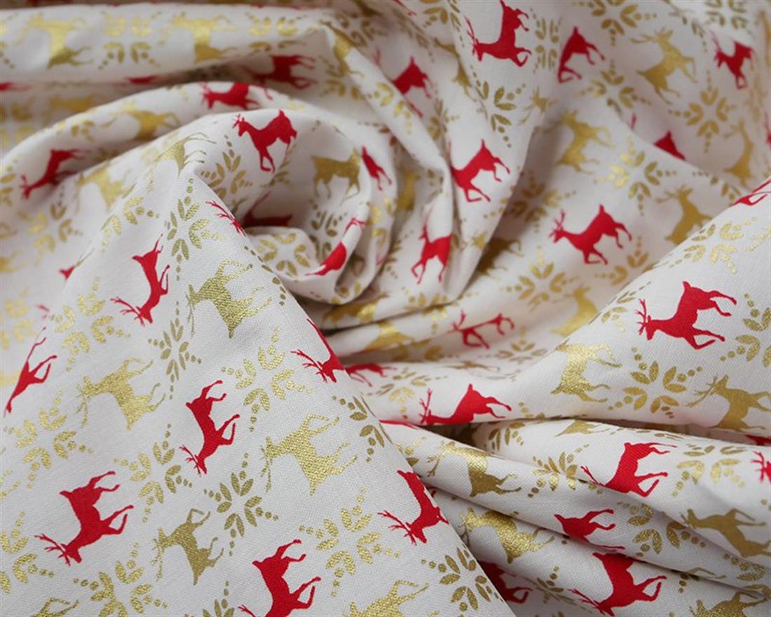 Cream Christmas Reindeer Metallic Pattern Cotton