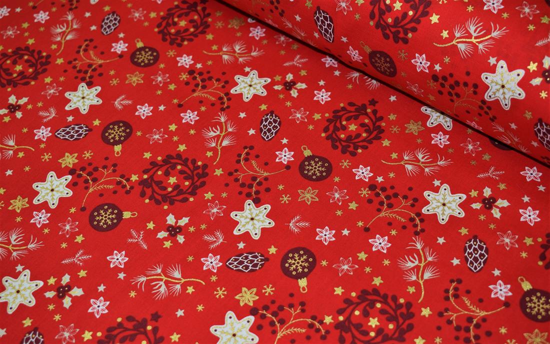 Red Christmas Wreath Metallic Cotton