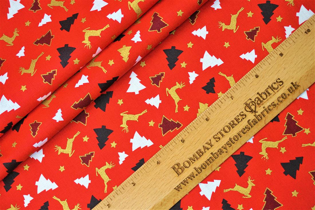Red Xmas Trees Reindeers Cotton