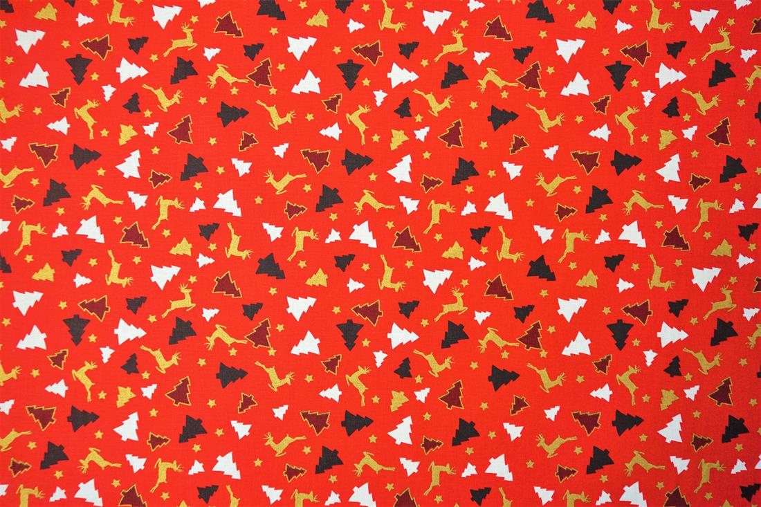 Red Xmas Trees Reindeers Cotton