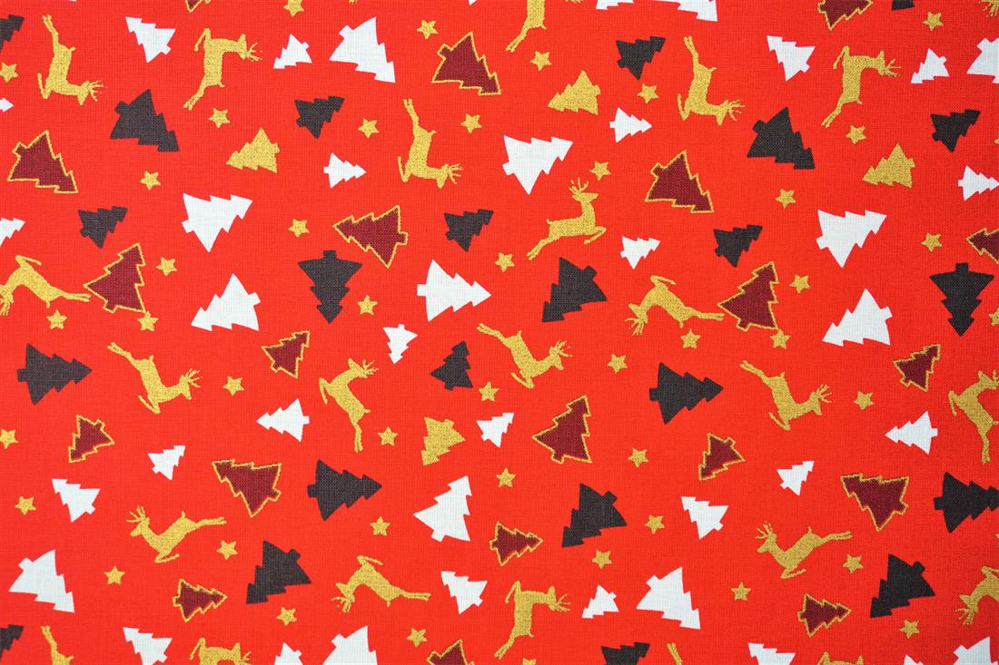 Red Xmas Trees Reindeers Cotton