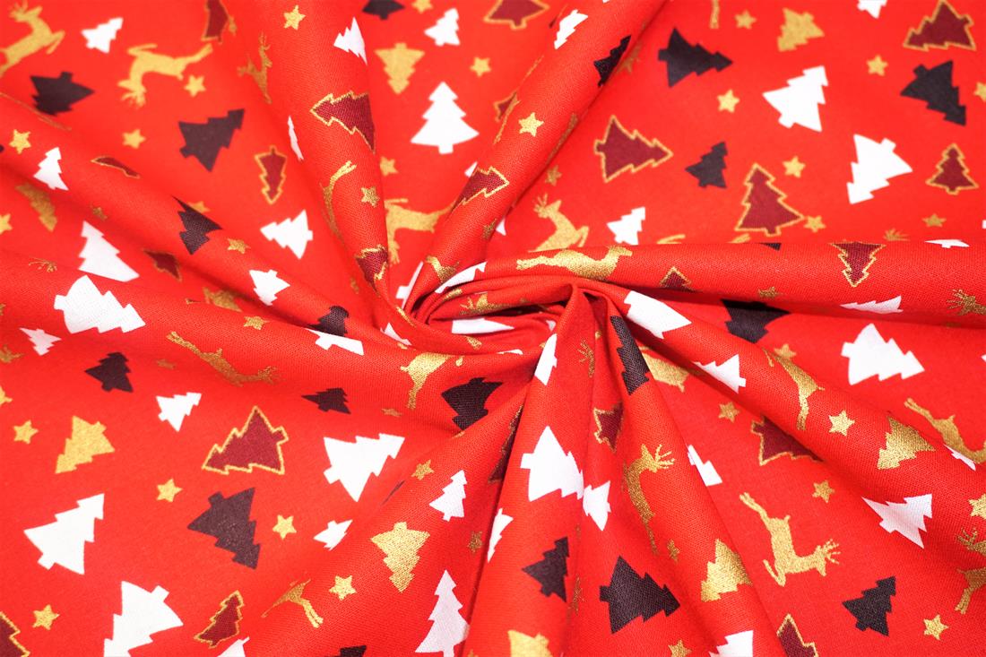 Red Xmas Trees Reindeers Cotton