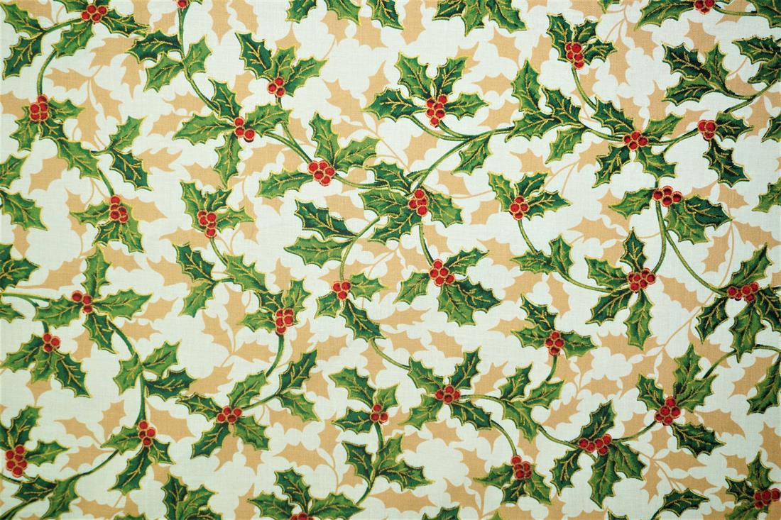Ivory Christmas Holly Cotton