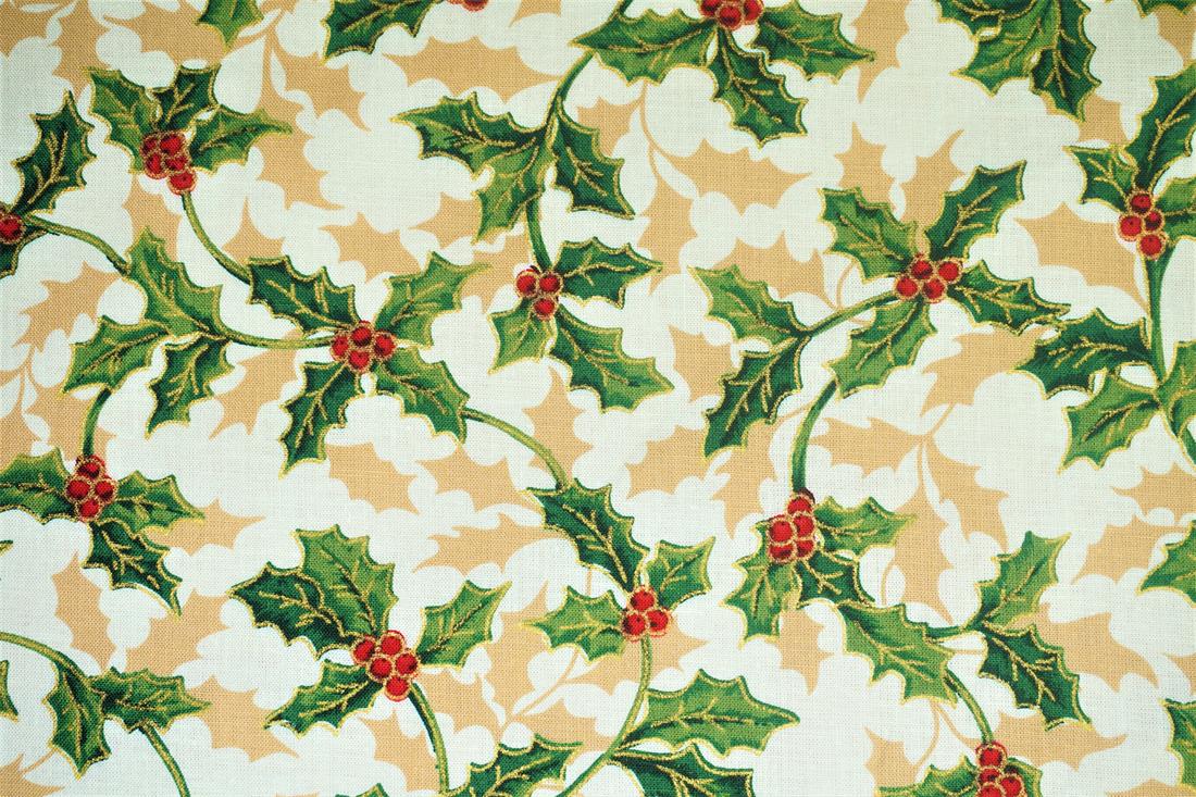 Ivory Christmas Holly Cotton