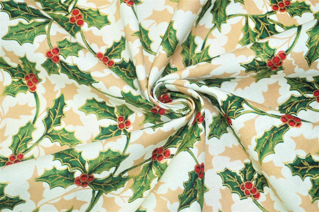 Ivory Christmas Holly Cotton