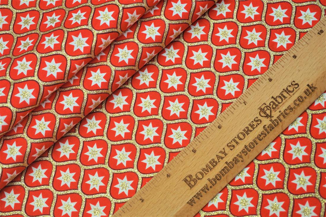 Red Printed Retro Christmas Glitter Geometric Star Cotton
