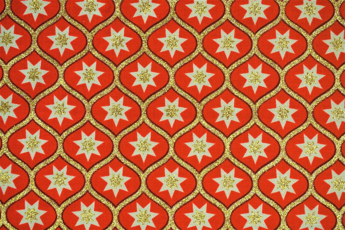 Red Printed Retro Christmas Glitter Geometric Star Cotton