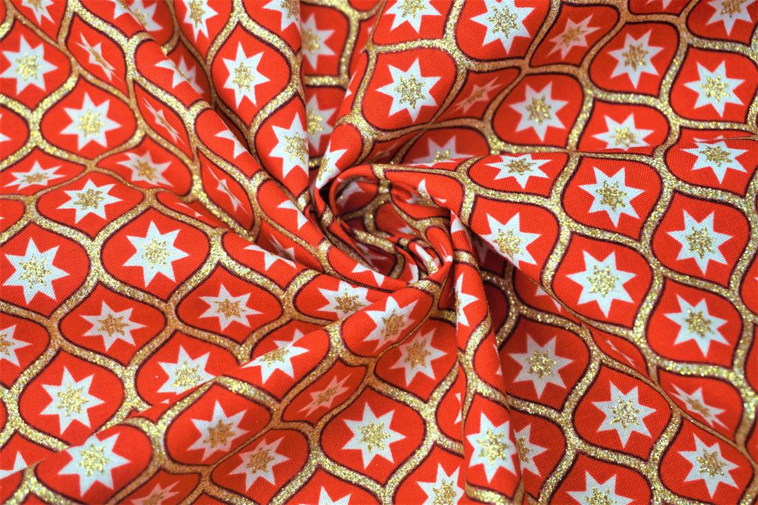 Red Printed Retro Christmas Glitter Geometric Star Cotton