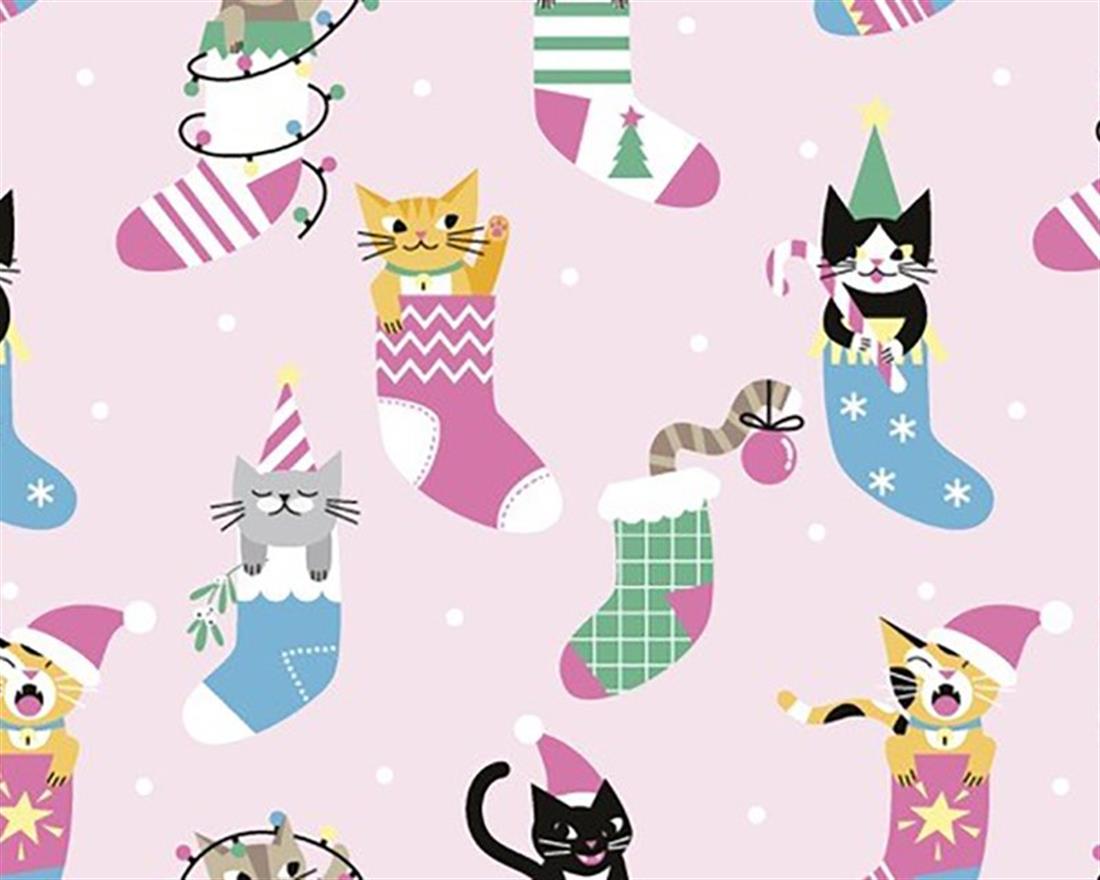 Pink Little Johnny - Xmas Cats in Stockings Digital Cotton