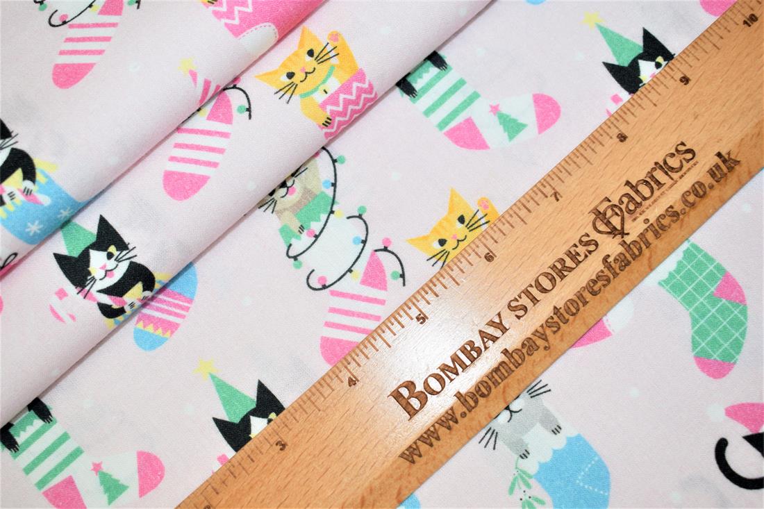 Pink Little Johnny - Xmas Cats in Stockings Digital Cotton