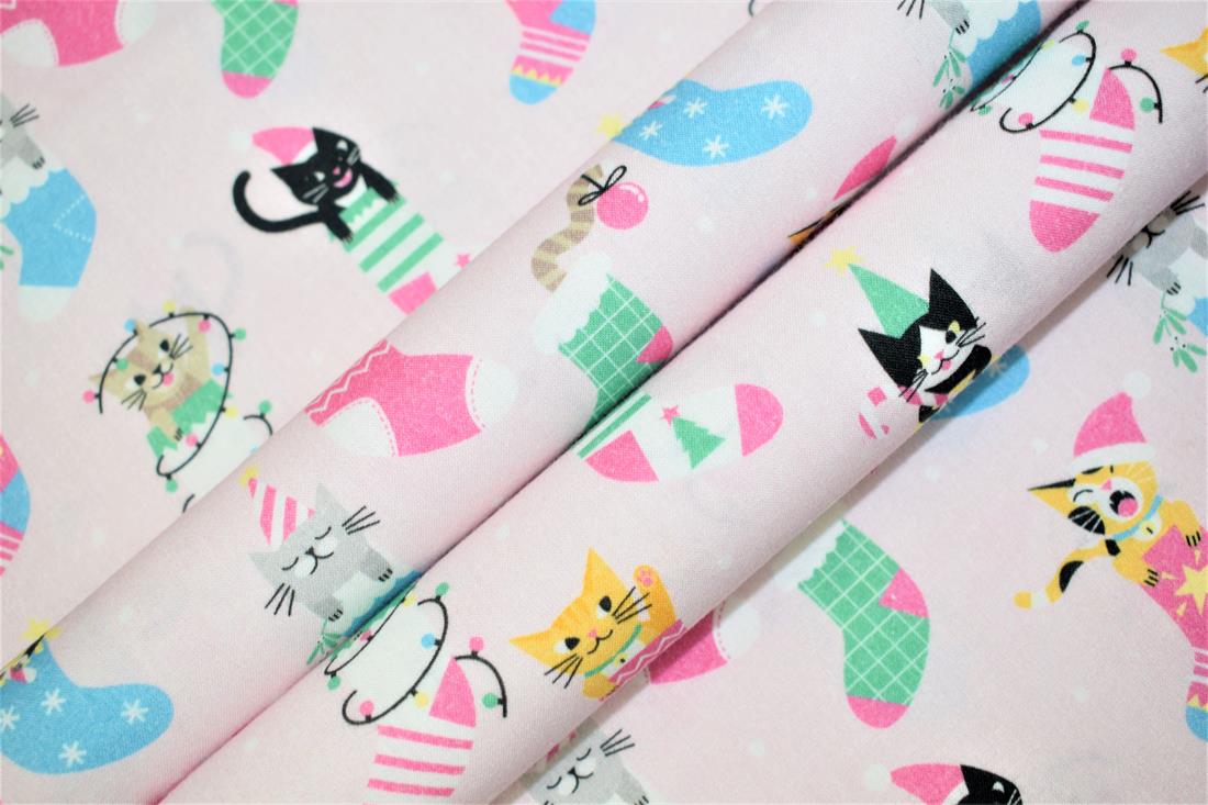 Pink Little Johnny - Xmas Cats in Stockings Digital Cotton