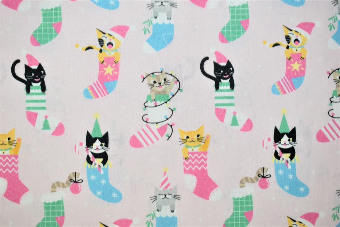 Pink Little Johnny - Xmas Cats in Stockings Digital Cotton