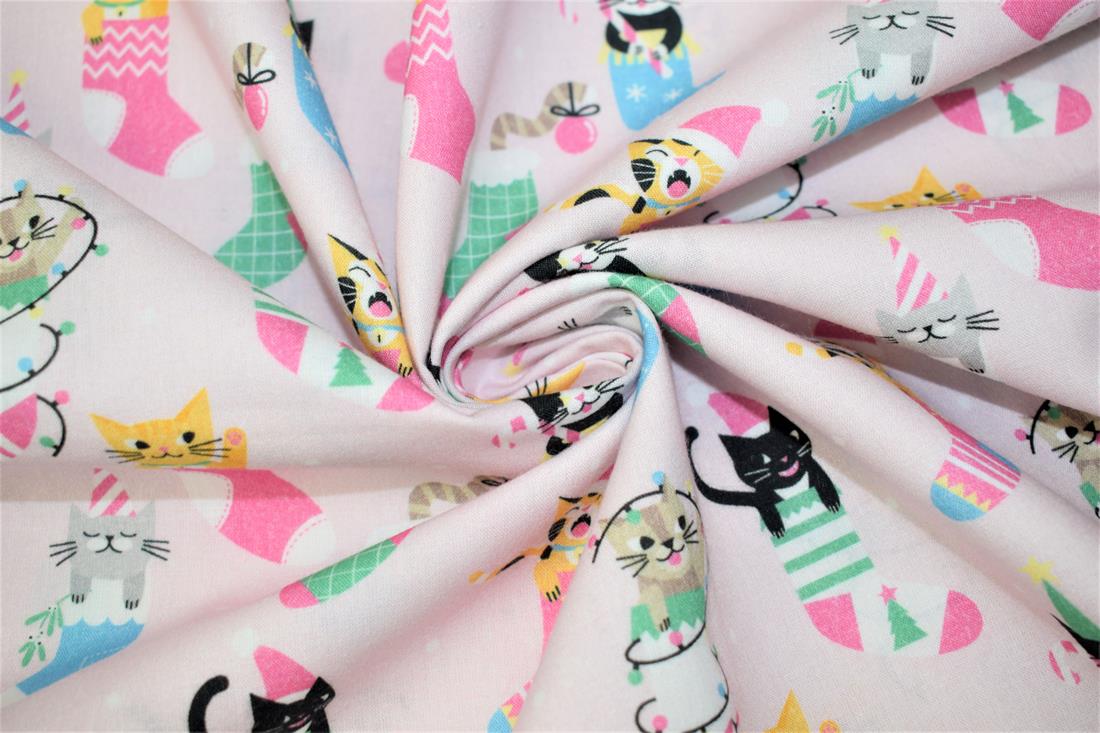 Pink Little Johnny - Xmas Cats in Stockings Digital Cotton