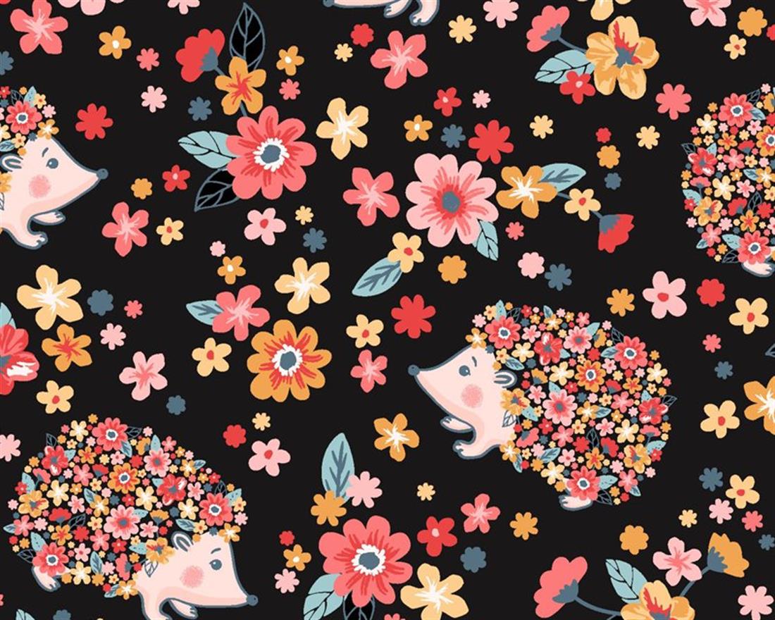 Black Little Johnny - Hedgehog Flowers Cotton