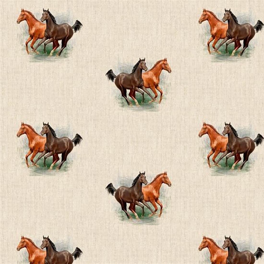 Natural Digital Print Linen Horses All Over