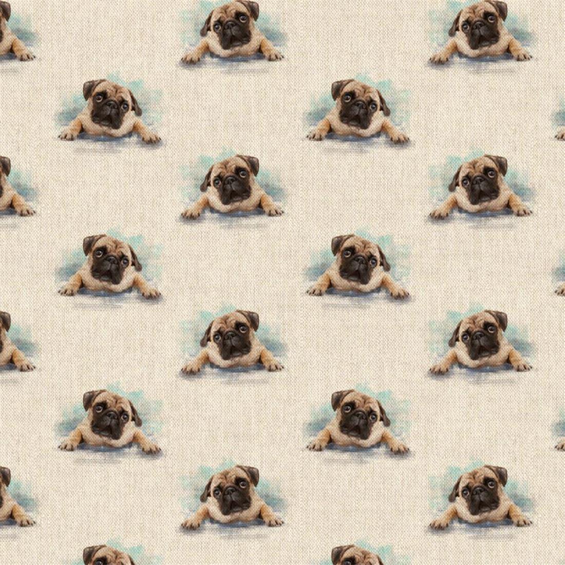 Natural Digital Print Linen Pugs All Over