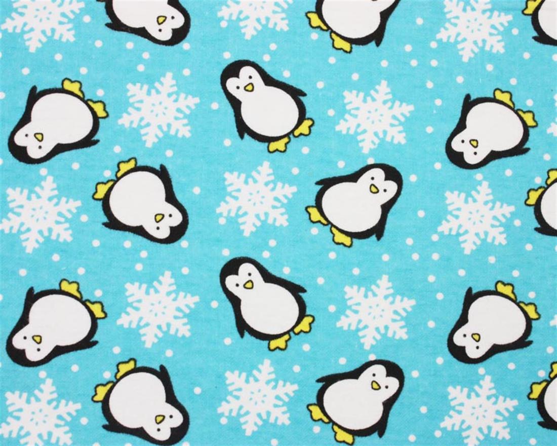 Aqua Printed Cotton Snowflake Penguin Winceyette.