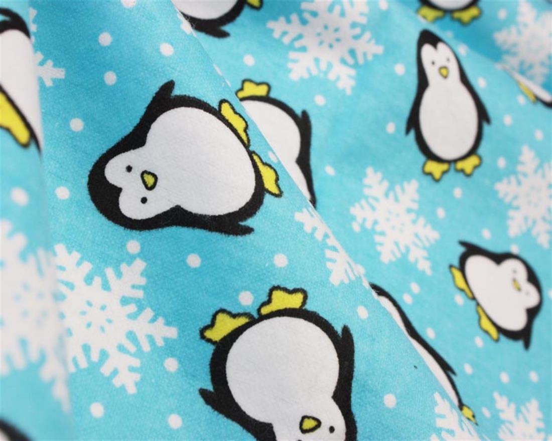 Aqua Printed Cotton Snowflake Penguin Winceyette.