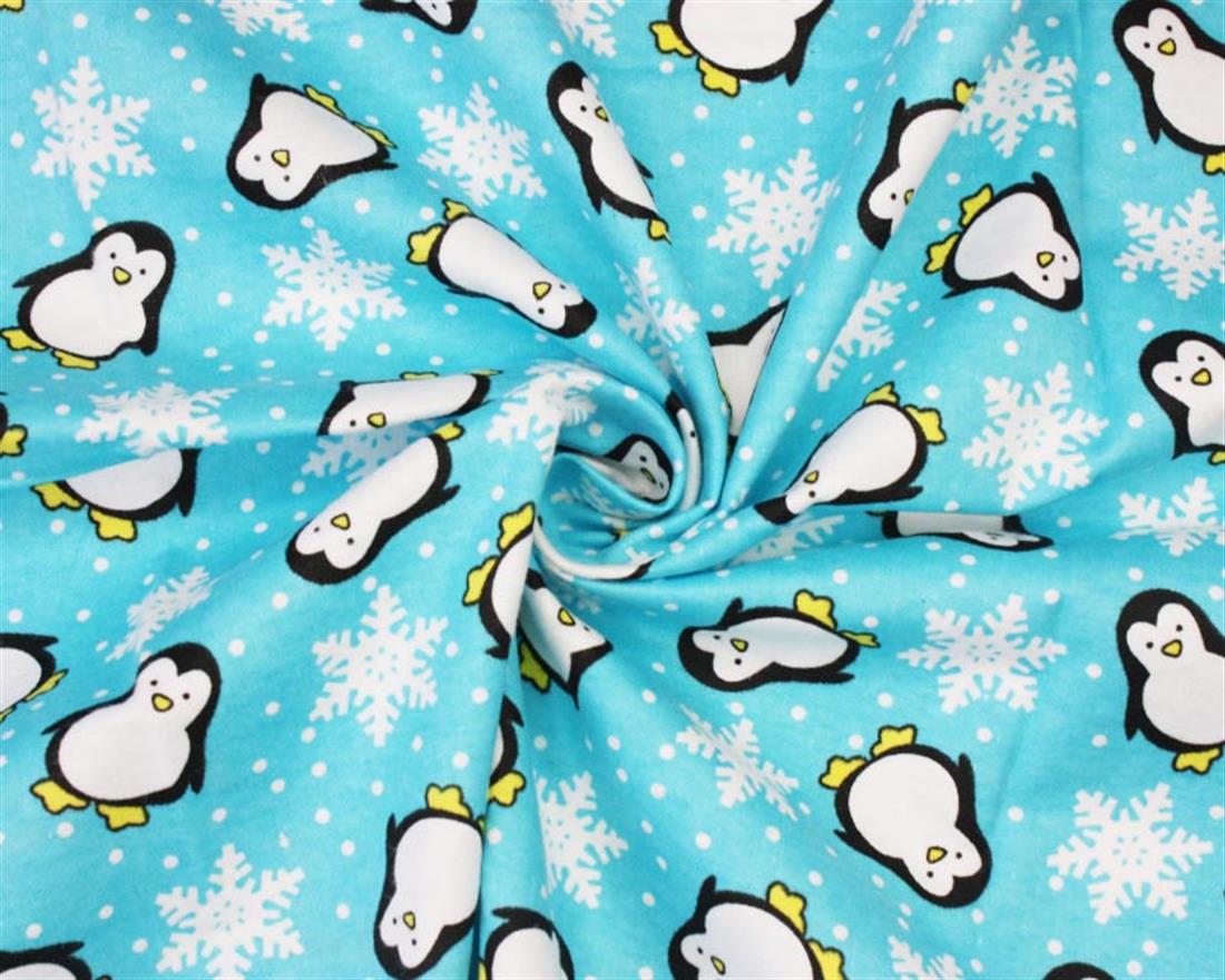 Aqua Printed Cotton Snowflake Penguin Winceyette.