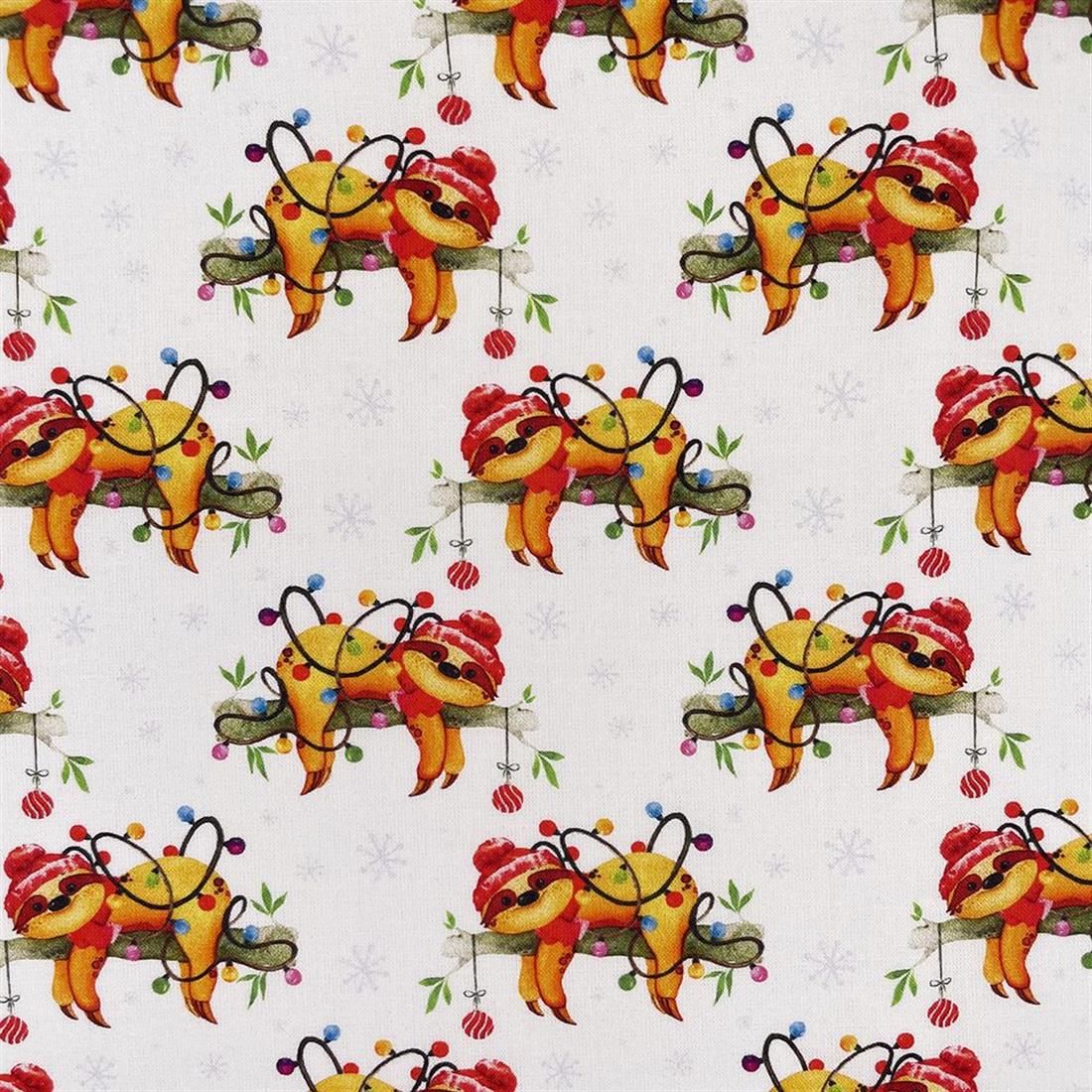 White Digital Print Cotton Christmas Sloths