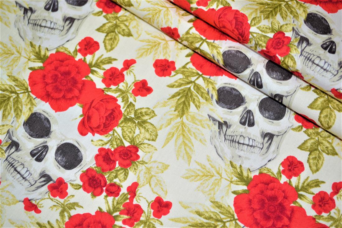 Cream Cotton Printed Skull & Rose