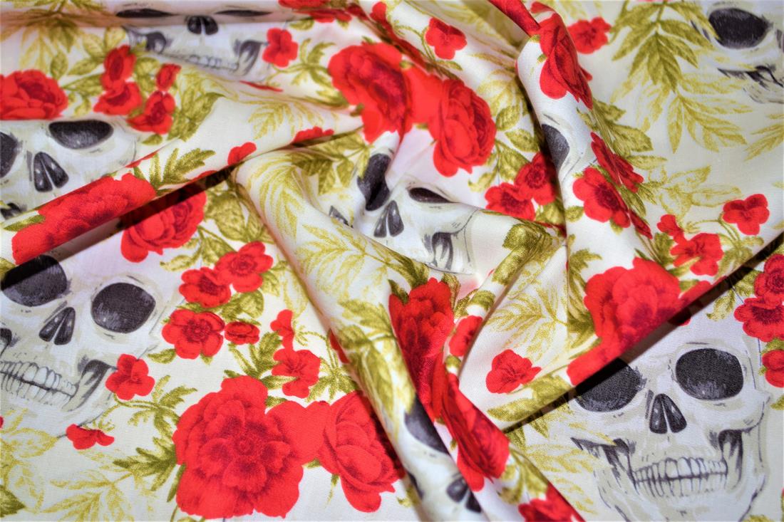 Cream Cotton Printed Skull & Rose