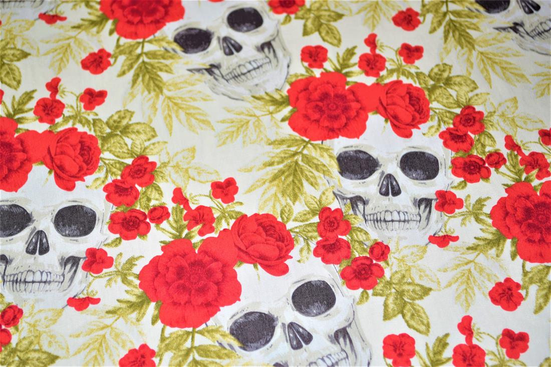 Cream Cotton Printed Skull & Rose
