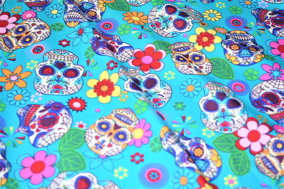 Aqua Printed Cotton Day of the Dead Sugar Skull